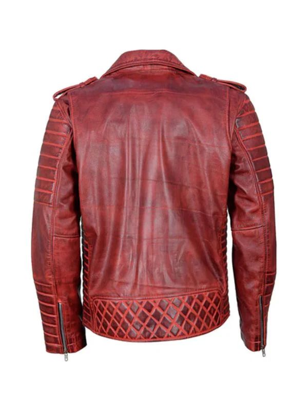 Antique Quilted Biker Leather Jacket Red 