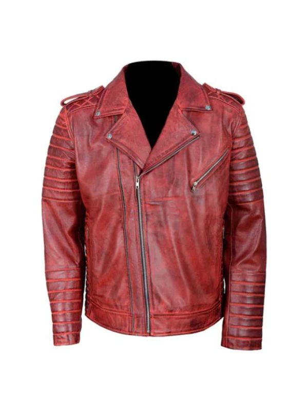 Antique Red Quilted Biker Leather Jacket