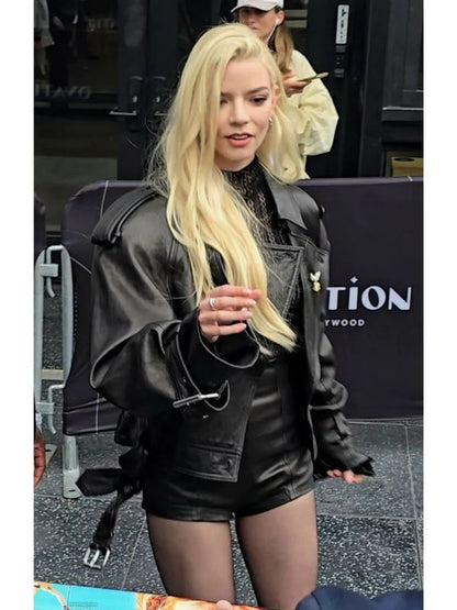 Anya Taylor-Joy Oversized Biker Black Leather Jacket