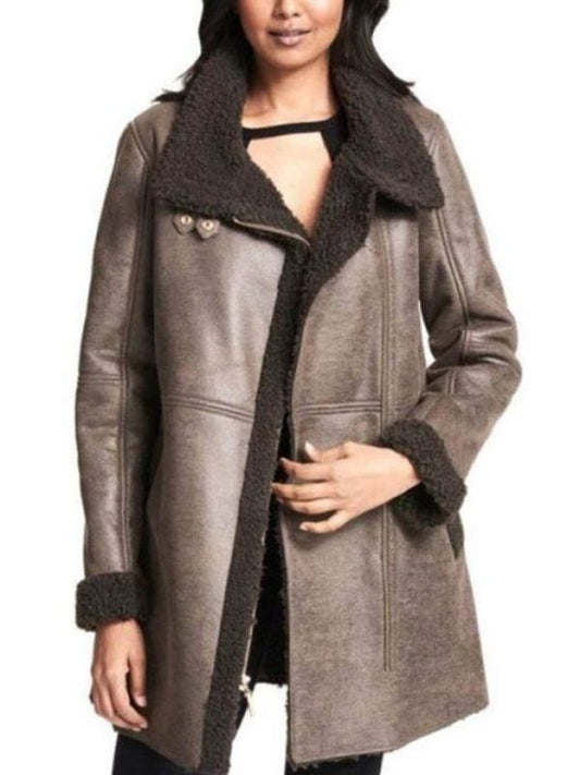 Asymmetrical Zip Faux Fur shearling Brown Leather Coat