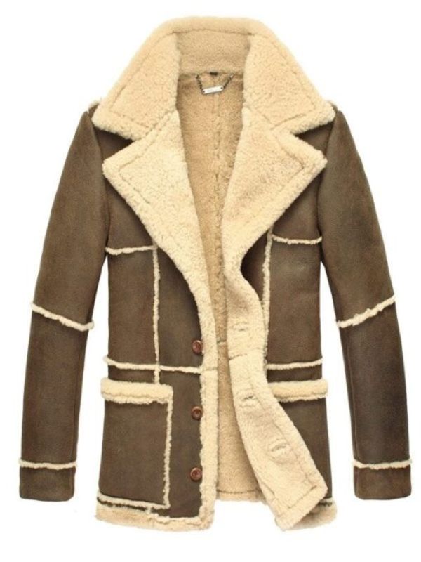 Brown Shearling Lined Sheepskin Leather Reacher Style Coat