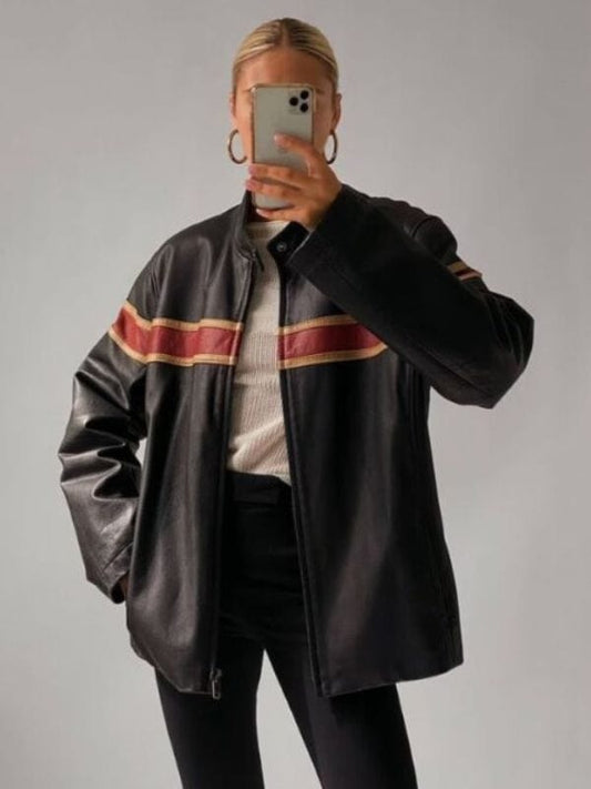 Cafe Racer 90 Oversized Black Retro Strip Leather Jacket