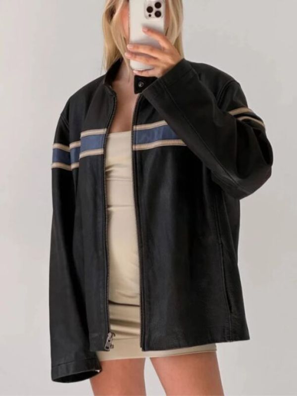 Cafe Racer 90's Oversized Black Retro Strip Leather Jacket