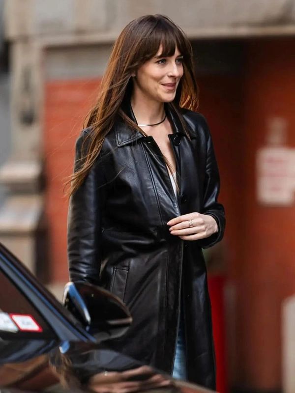 Dakota Johnson Black Leather Coat