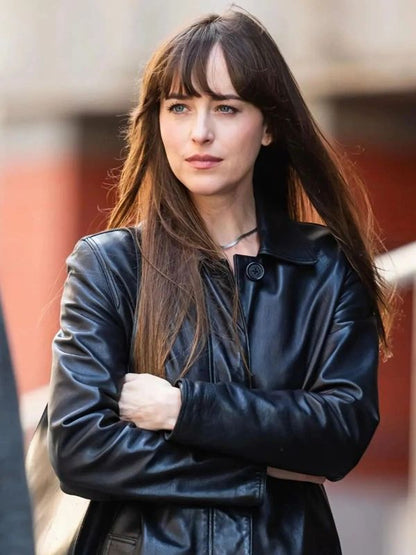 Dakota Johnson Leather Long Coat