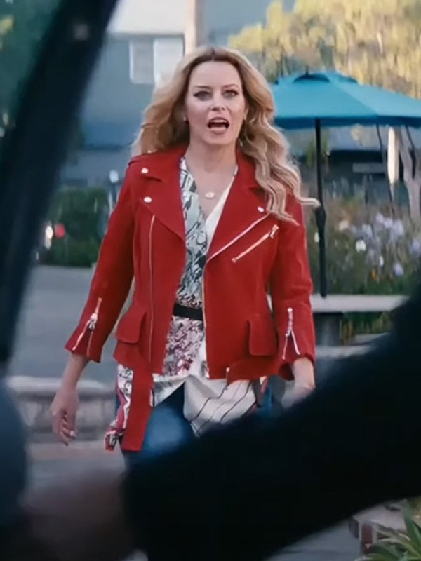 Elizabeth Banks Skincare 2024 Red Suede Jacket