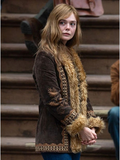 Elle Fanning A Complete Unknown Brown Fur Suede Jacket