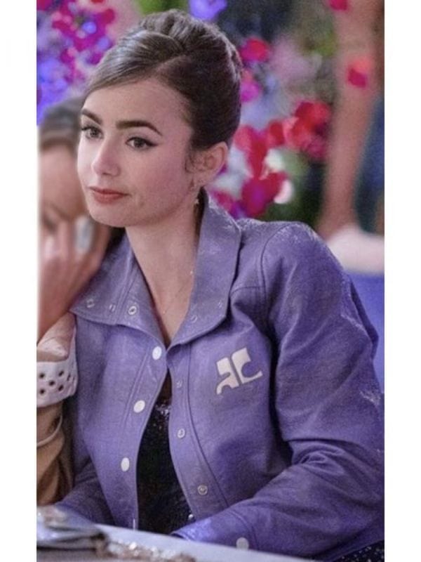 Emily In Paris Lily Collins Purple Leather Jacket