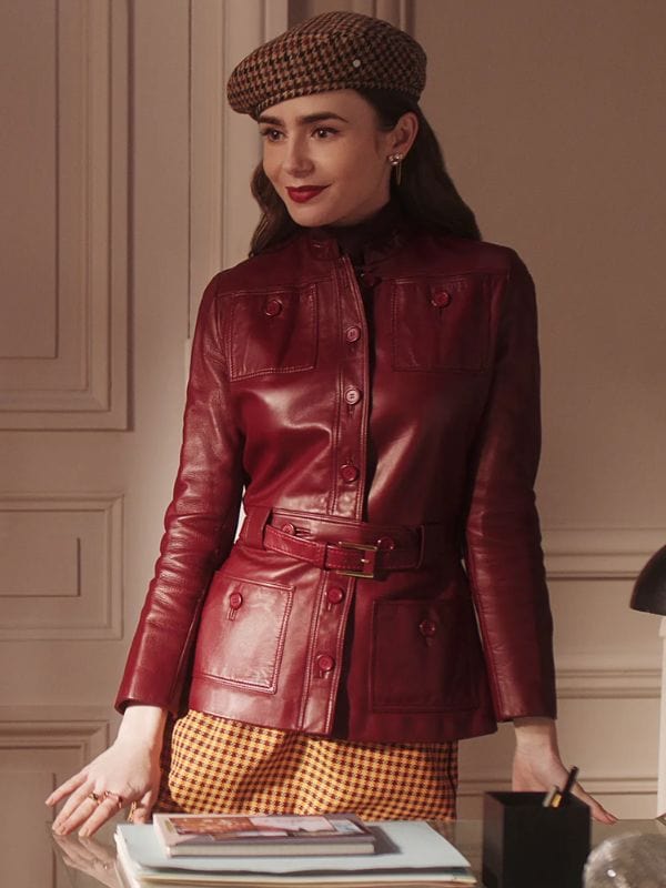 Emily In Paris S04 Lily Collins Maroon Leather Jacket