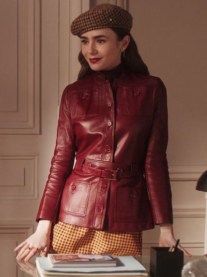 Emily In Paris S04 Lily Collins Maroon Leather Jacket