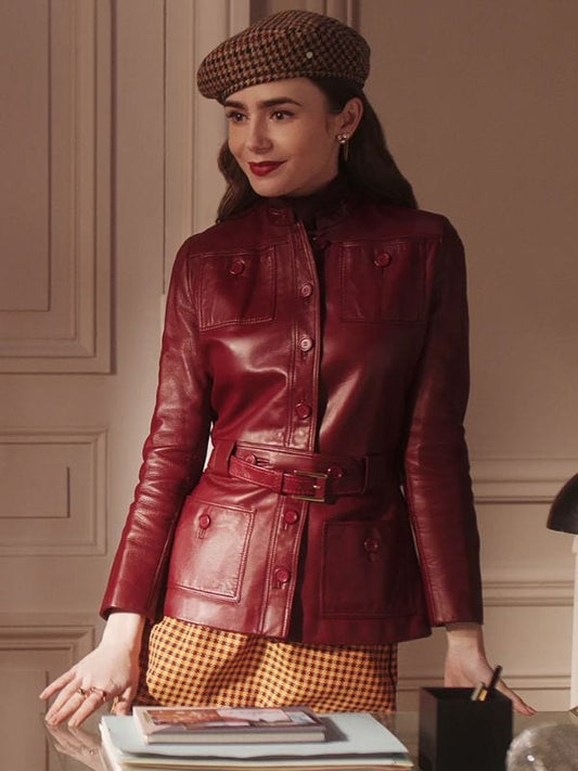 Emily In Paris S04 Lily Collins Maroon Leather Jacket