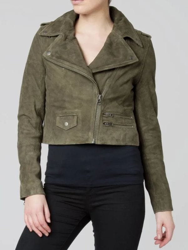 Grace Van Patten Green Suede Leather Biker Jacket