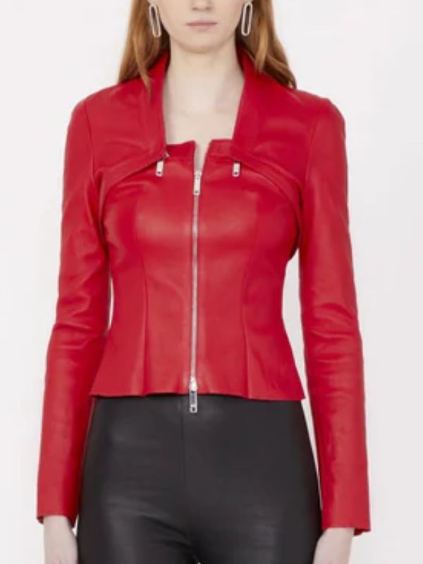 Lily Collins Red Leather Jacket