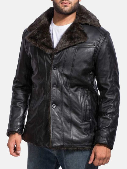 Men Furcliff Black Leather Fur Jacket