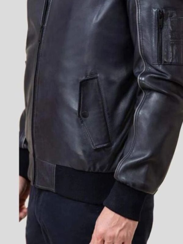 Men Rib Knitted Collar Black Bomber Leather Jacket