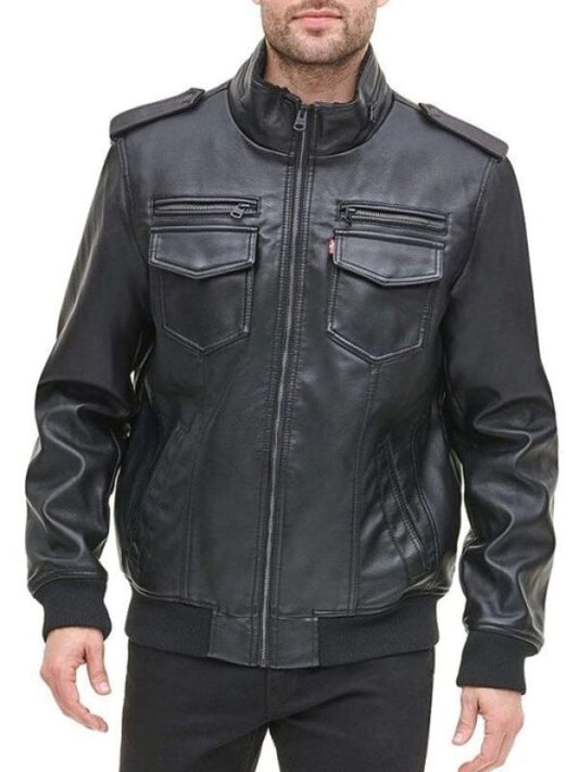 Men's Aviator Black Leather Bomber Jacket