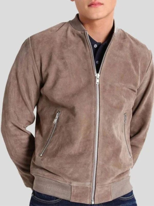 Men's Grey Suede Leather Bomber Jacket