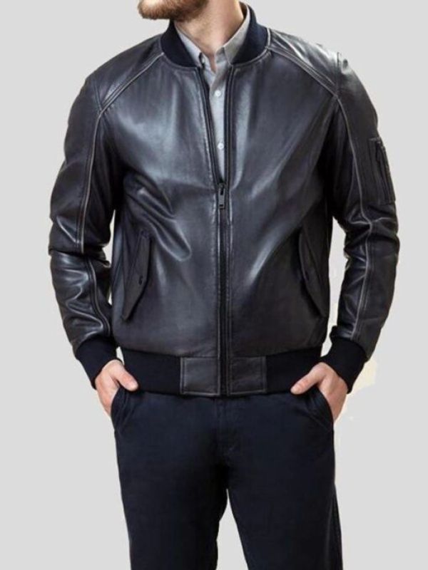 Men's Rib Knitted Collar Black Bomber Leather Jacket
