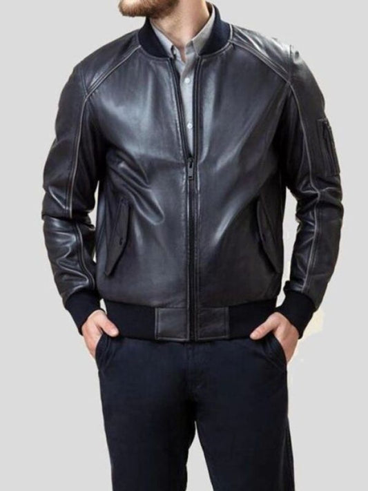 Men's Rib Knitted Collar Black Bomber Leather Jacket
