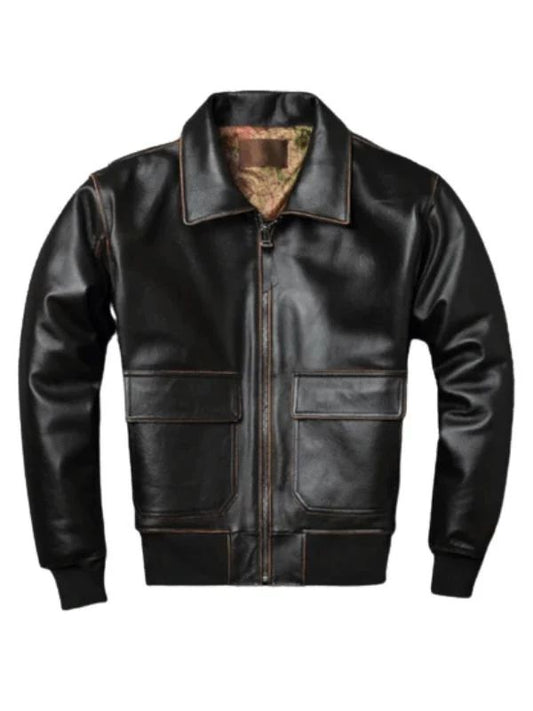 Mens Black A2 Aviator Vintage Leather Bomber Jacket
