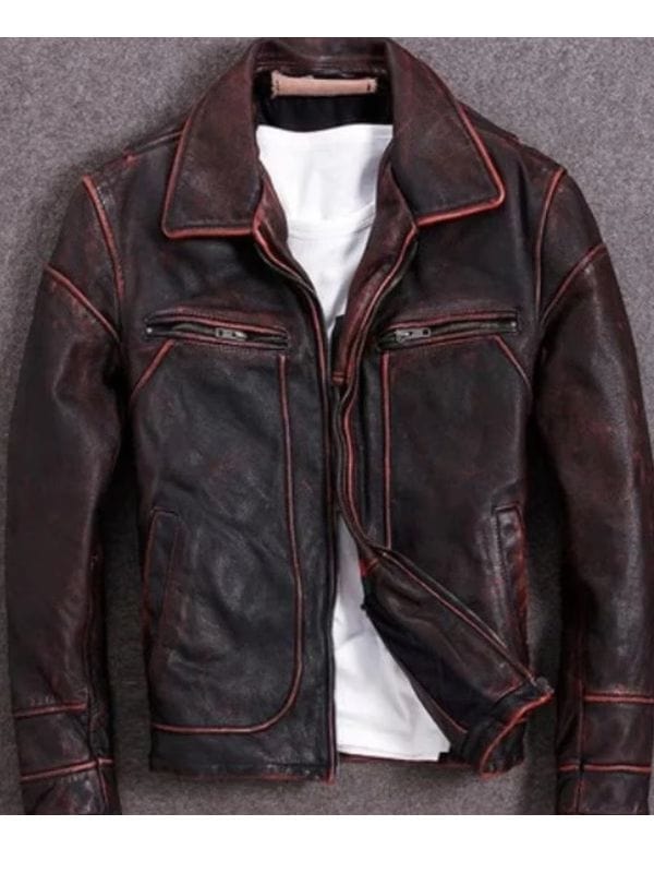 Mens Motorcycle Biker Distressed Burgundy Red Jacket
