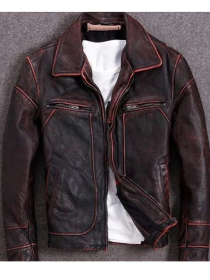 Mens Motorcycle Biker Distressed Burgundy Red Jacket