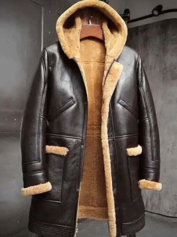 Mens RAF Hooded Sheepskin Shearling Fur Leather Coat