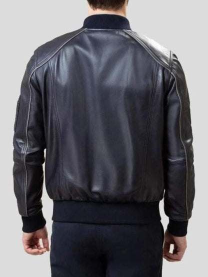 Mens Rib Knitted Collar Black Bomber Leather Jacket