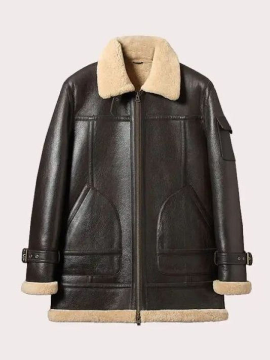 Mens Sheepskin Brown Long Shearling Leather Jacket 