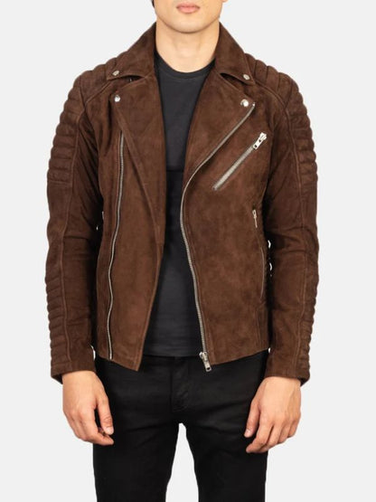 Mens Stylish Quilted Biker Brown Suede Jacket