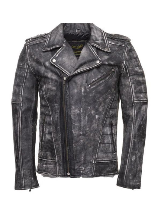 Miles Stone Wash Biker Black Leather Jacket