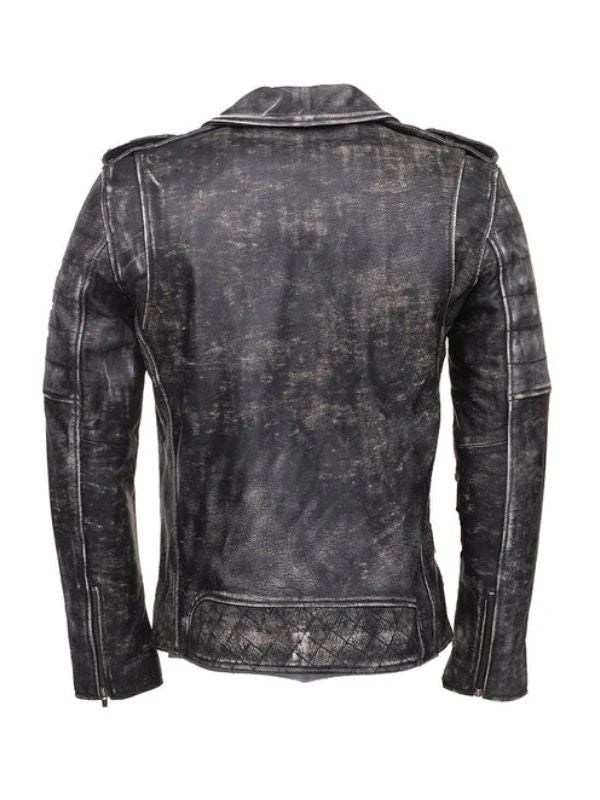 Miles Stone Wash Biker Leather Jacket Black 