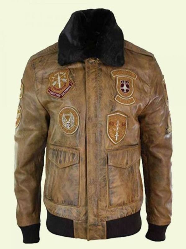 Men's Tan Brown Bomber Shearling Leather Jacket