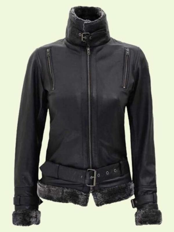 Women's Black Leather Shearling Jacket With Belted Closure