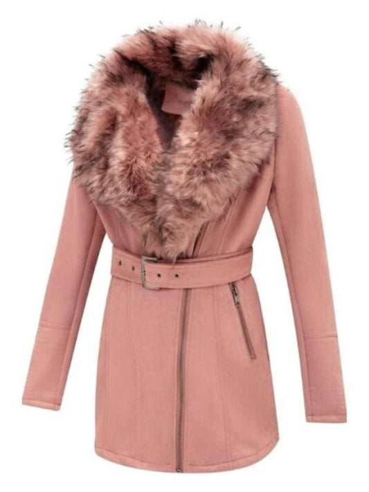 Women's Pink Leather Long Pea Coat