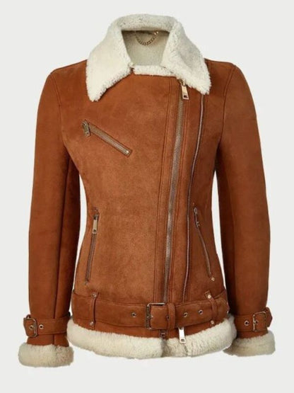 Women's Tan Leather Aviator Jacket