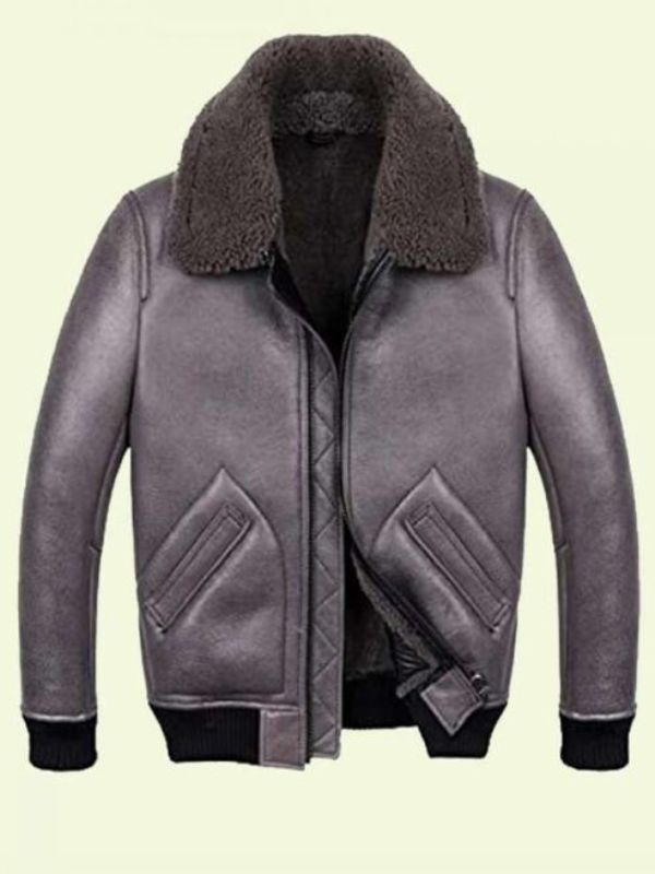 Mens Grey Leather Shearling Aviator Jacket