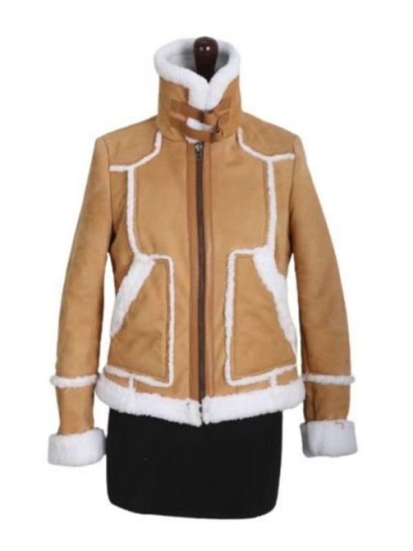 Tan Shearling Trim Stand-up Collar Suede Jacket