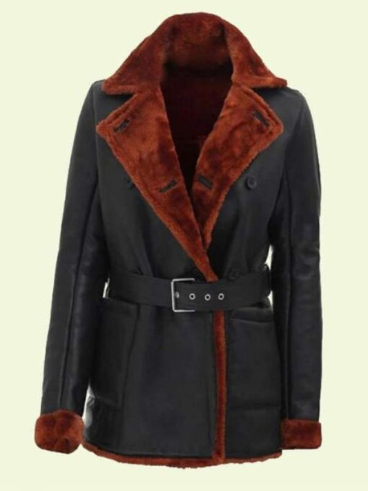 Black Shearling Belted Leather Coat For Women's