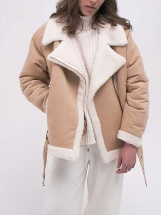 Women's Aviator Beige Color Cotton Shearling Jacket