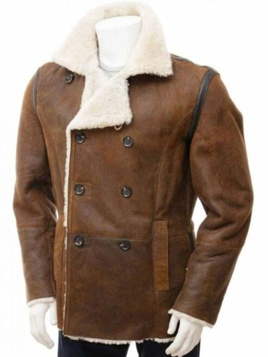 Tan Sheepskin Leather Double Breasted Shearling Peacoat