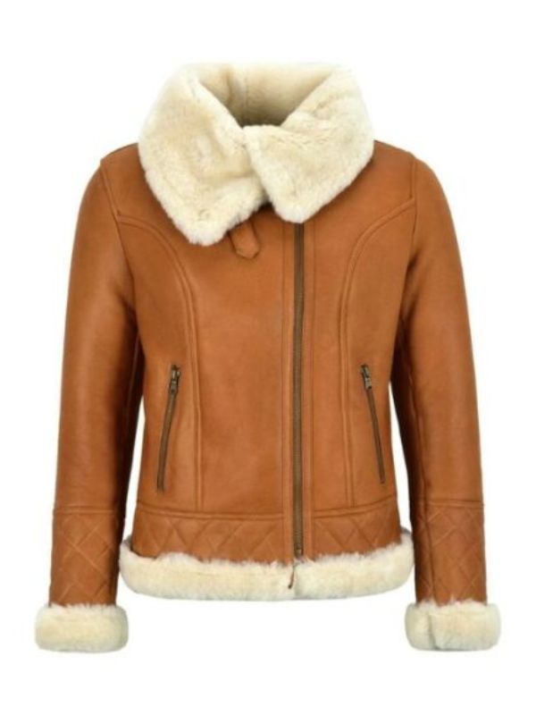 Women's Tan Brown Bomber Leather Shearling Jacket