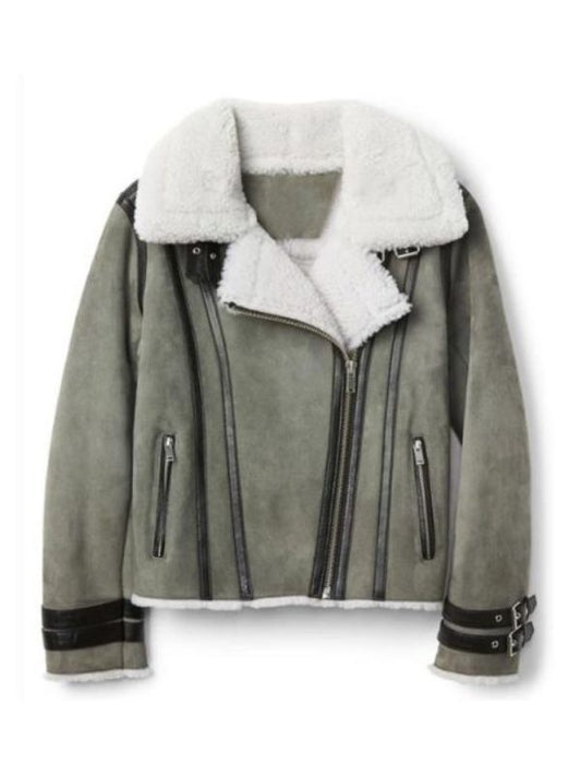 Shearling Motorcycle Grey Suede Leather Biker Jacket 