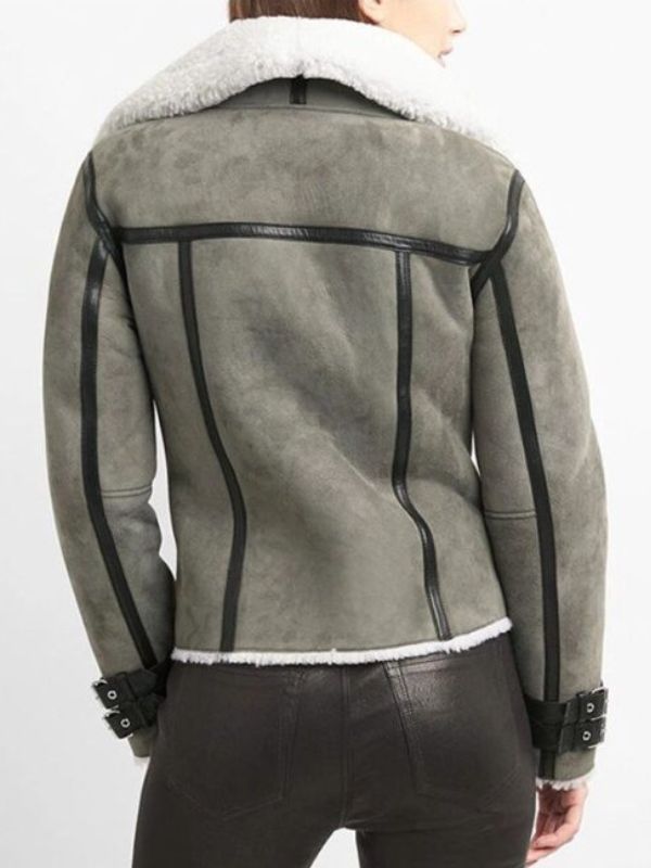 Shearling Motorcycle Grey Suede Leather Biker Jacket 