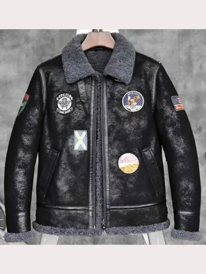 B3 Aviator Sheepskin Black Bomber Shearling Leather Jacket