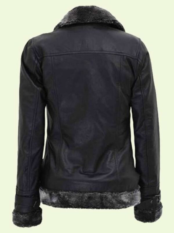 Women's Black Leather Shearling Jacket With Belted Closure