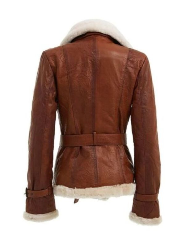 Women’s Double Breasted Brown Shearling Leather Jacket