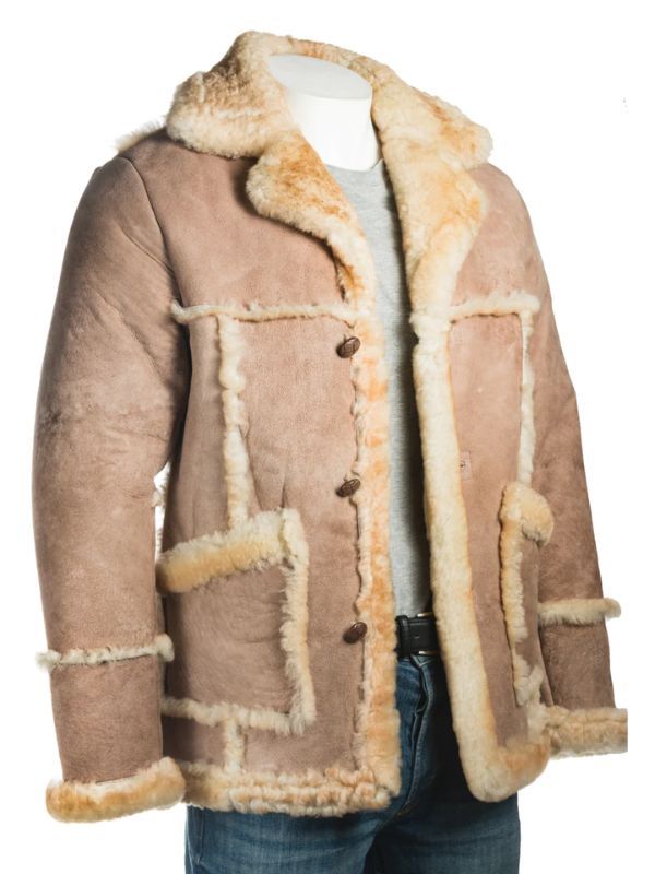 Natural Beige Shearling Leather Coat For Men's