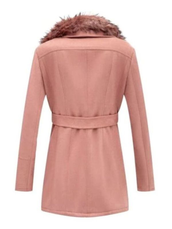 Women's Pink Leather Long Pea Coat