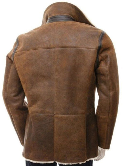 Tan Sheepskin Leather Double Breasted Shearling Peacoat